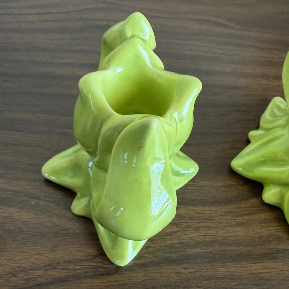 Vintage Chartreuse Green Ceramic Tulips Floral Candle Holder Set of 2 MCM READ